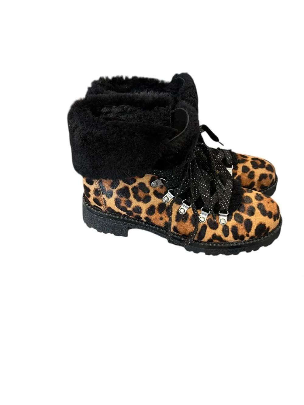 J. Crew Nordic Boots In Leopard Calf Fur Cuff Hiking Ankle Boots